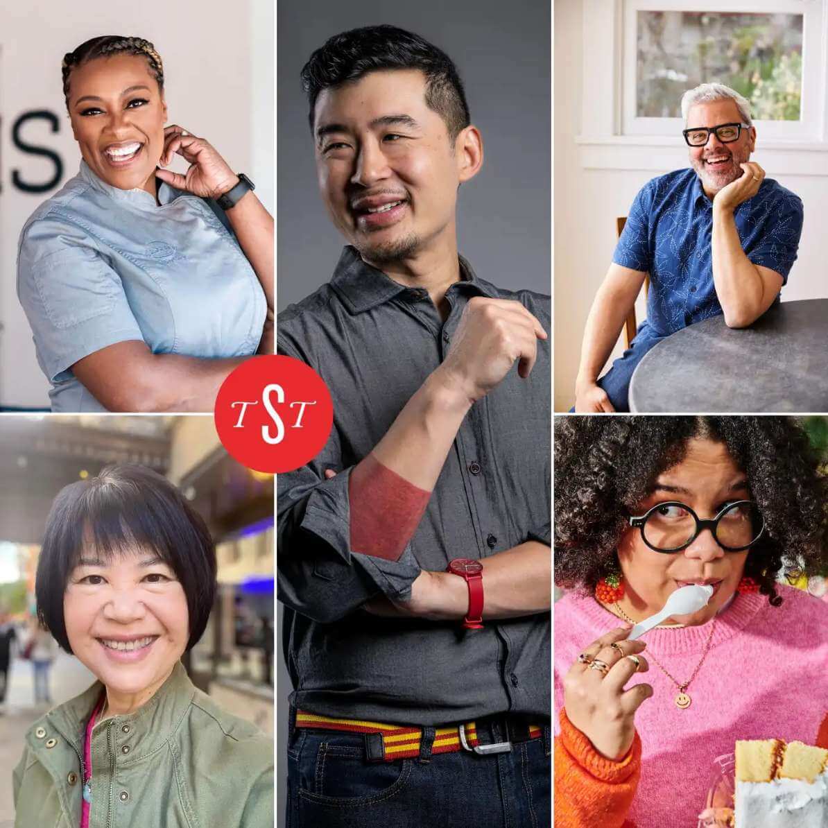 a collage image featuring Andrea Nguyen, Tiffany Derry, host Francis Lam, Joe Yonan and Paola Velez